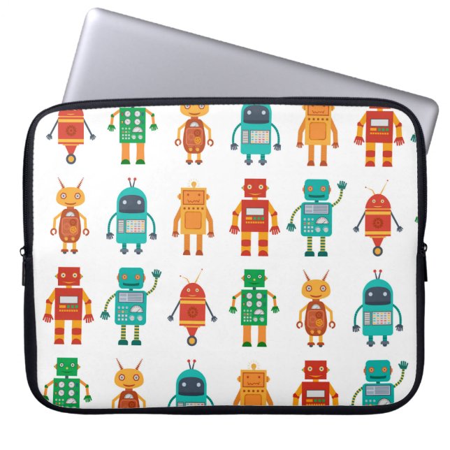 Naadloos patroon van kleurrijke retro robots in a  laptop sleeve (Voorkant)