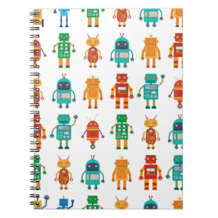 Naadloos patroon van kleurrijke retro robots in a notitieboek