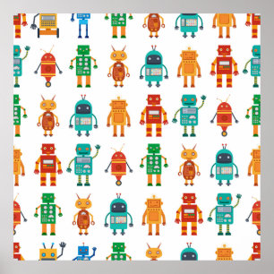 Naadloos patroon van kleurrijke retro robots in a  poster