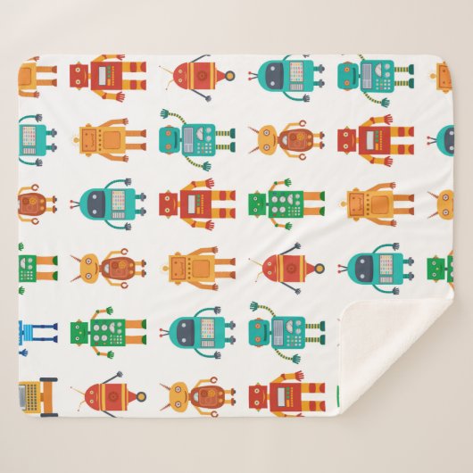 Naadloos patroon van kleurrijke retro robots in a sherpa deken (Voorkant (horizontaal))