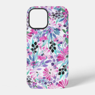 Naadloos patroon van paarse bloemen en bessen,blau iPhone 12 hoesje