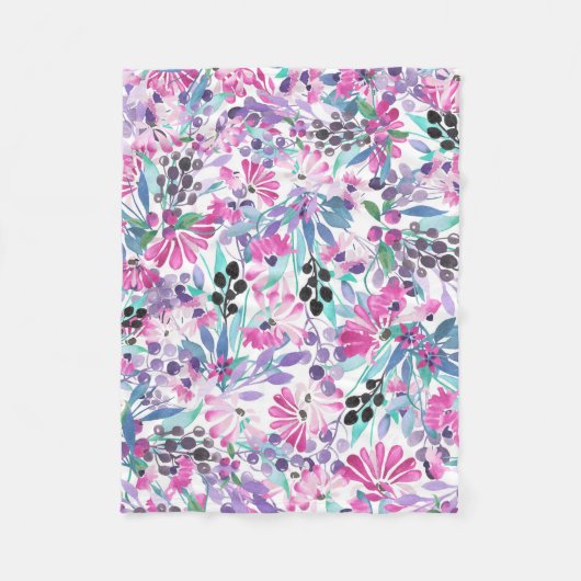 Naadloos patroon van paarse bloemen en bessen,blu fleece deken (Voorkant)