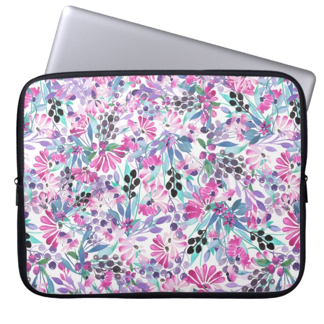 Naadloos patroon van paarse bloemen en bessen,blu laptop sleeve (Voorkant)