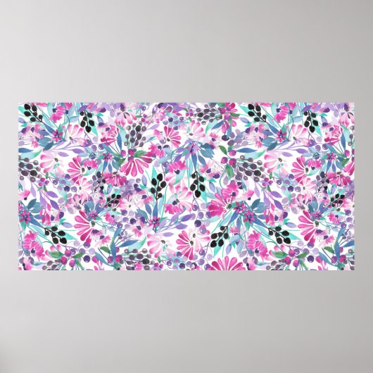 Naadloos patroon van paarse bloemen en bessen,blu poster (Voorkant)