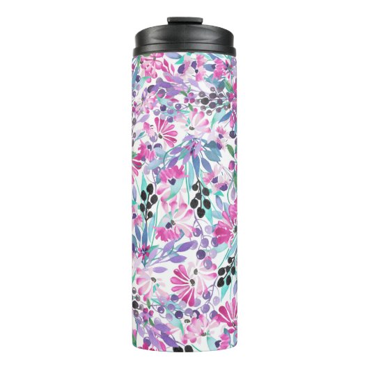 Naadloos patroon van paarse bloemen en bessen,blu thermosbeker (Voorkant)