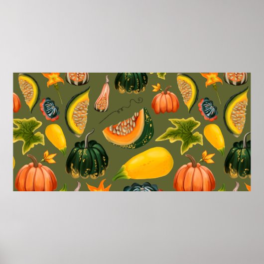 Naadloos patroon van pompoenen en bladeren op een  poster (Voorkant)