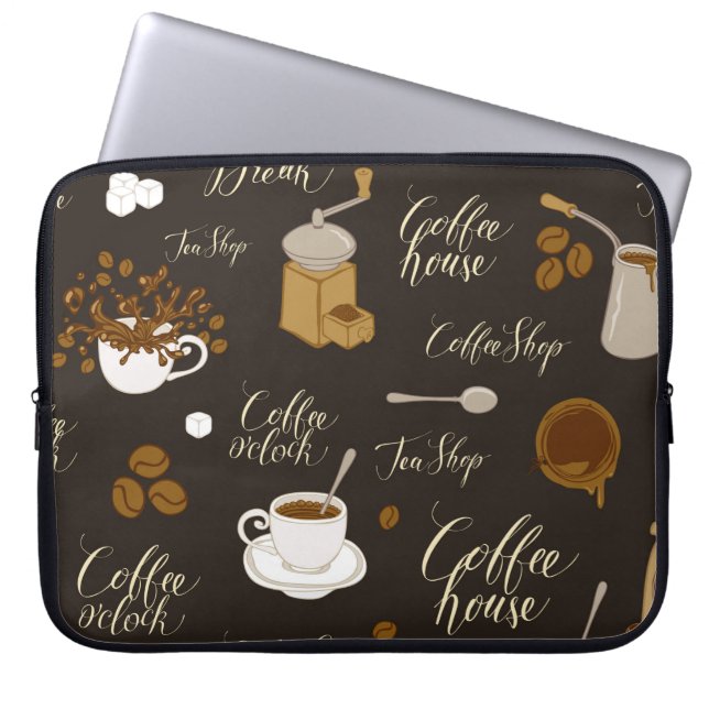 Naadloos patroon van thee- en koffiethema in retro laptop sleeve (Voorkant)