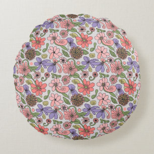 Naadloos Retro Bloemmotief Boho Rond Kussen