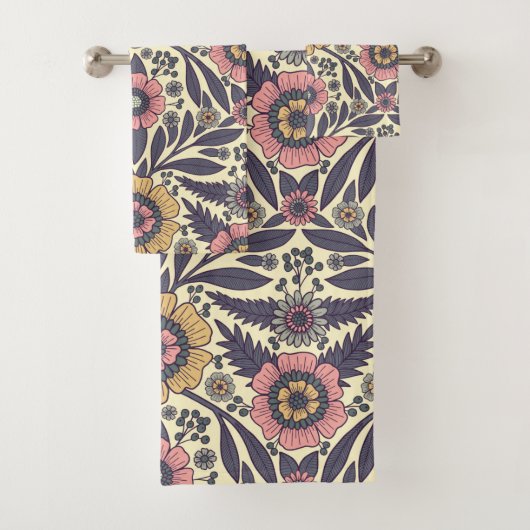 Naadloos roze en blauw Floral Patroon Bad Handdoek (Insitu)