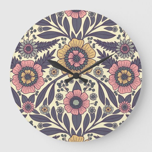 Naadloos roze en blauw Floral Patroon Grote Klok (Voorkant)