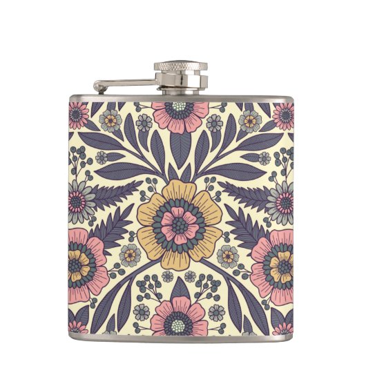 Naadloos roze en blauw Floral Patroon Heupfles (Voorkant)