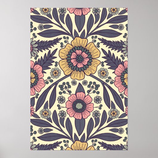 Naadloos roze en blauw Floral Patroon Poster (Voorkant)