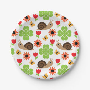 Naadloos slak- en klaverpatroon papieren bordje