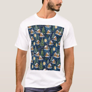 Naadloos Sterrenlicht Kerst Dorp Patroon T-shirt