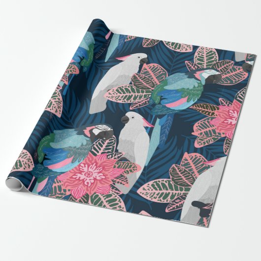 Naadloos tropisch patroon met papegaaien.  cadeaupapier (Uitgerold)