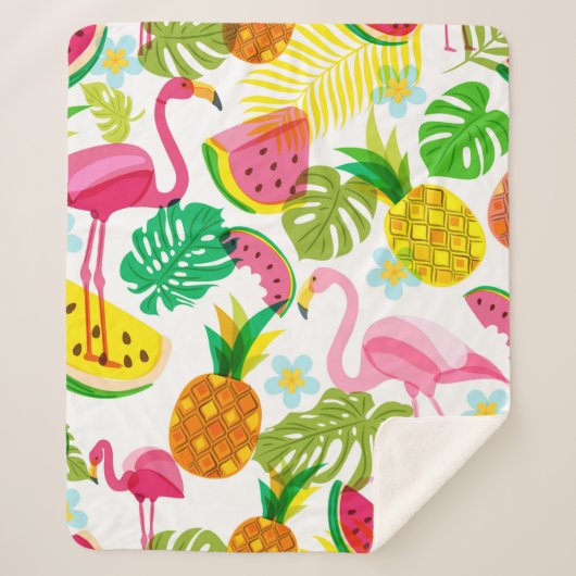 Naadloos tropisch patroon met roze flamingo, palm sherpa deken (Voorkant)