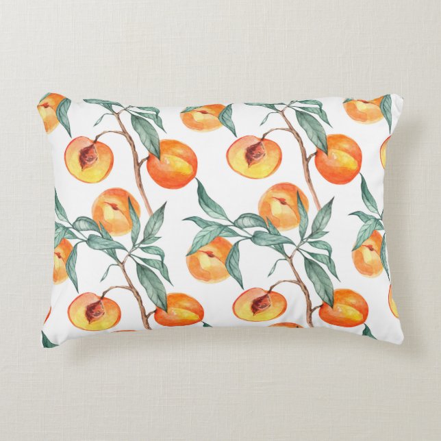 Naadloos waterverf met perziken op een wit accent kussen (Voorkant)