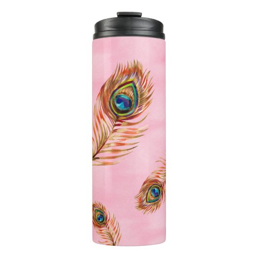 Naadloos waterverf patroon met gouden pauw thermosbeker (Voorkant)