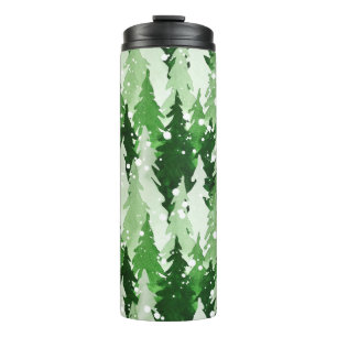 Naadloos waterverf-patroon met groene pijnbomen  thermosbeker