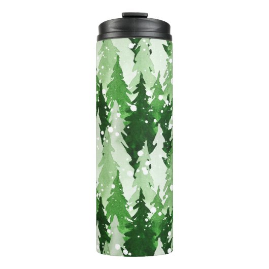 Naadloos waterverf-patroon met groene pijnbomen  thermosbeker (Voorkant)