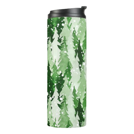 Naadloos waterverf-patroon met groene pijnbomen  thermosbeker (Gedraaid links)
