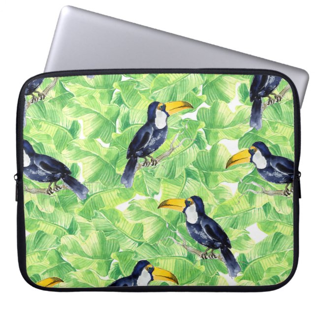 Naadloos waterverf patroon met toucan op groen l laptop sleeve (Voorkant)