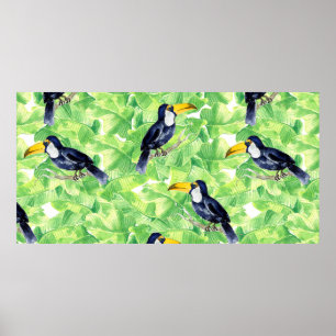 Naadloos waterverf patroon met toucan op groen l poster