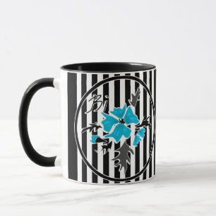 Naadloze abstracte blauwe bloemen bloem wit zwart mok