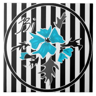 Naadloze abstracte blauwe bloemen wit zwart tegeltje