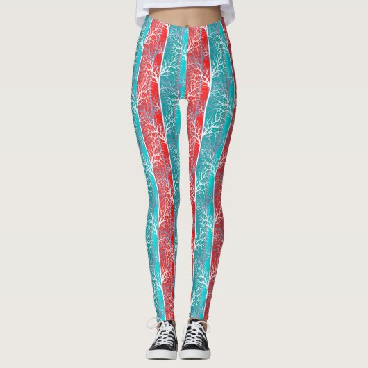 Naadloze abstracte bomen vertakken de blauwe rode  leggings (Voorkant)