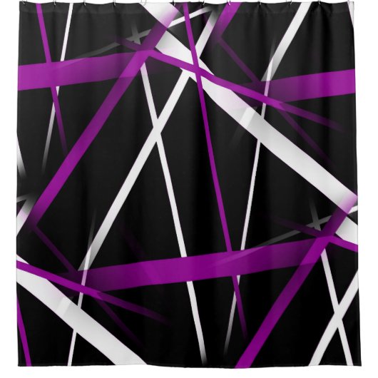 Naadloze Abstracte Paarse en witte lijnen op zwart Douchegordijn (Voorkant)