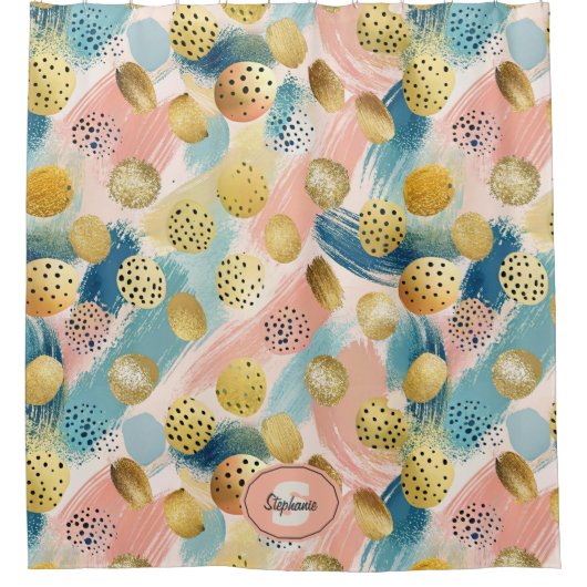 Naadloze Abstracte penseelstreek & gouden vormpatr Douchegordijn (Voorkant)