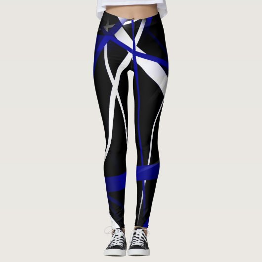 Naadloze Abstracte Royal Blue en White Lines Leggings (Voorkant)