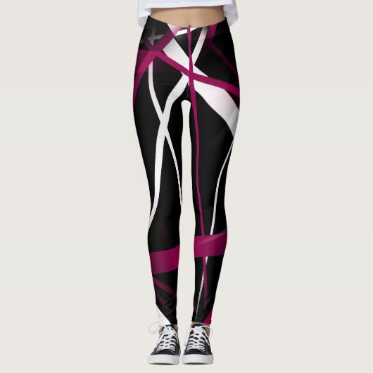 Naadloze Abstracte roze en witte lijnen op zwarte Leggings (Voorkant)