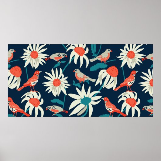 Naadloze achtergrond met bloemen en vogels poster (Voorkant)