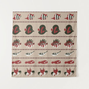 Naadloze achtergrond met marien leven - krab en di wandkleed