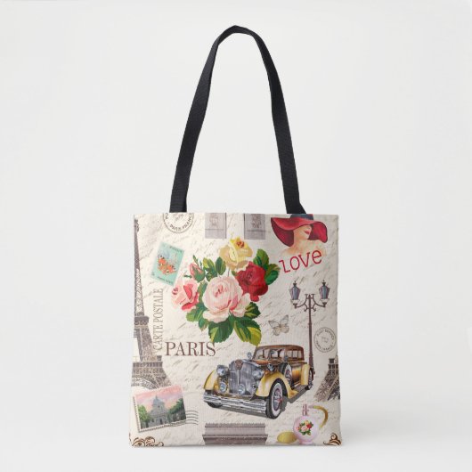 naadloze  achtergrond van Parijs met retro-auto, Tote Bag (Voorkant)