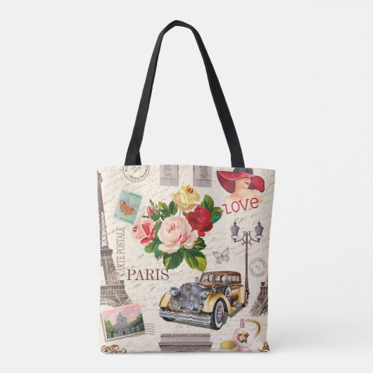 naadloze achtergrond van Parijs met retro-auto, Tote Bag (Achterkant)