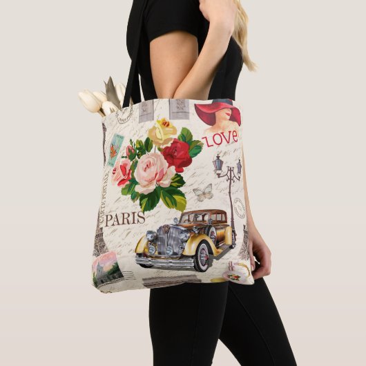 naadloze  achtergrond van Parijs met retro-auto, Tote Bag (Dichtbij)