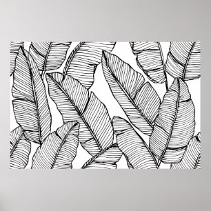 Naadloze bananenbladpatroon achtergrond. Zwart en Poster