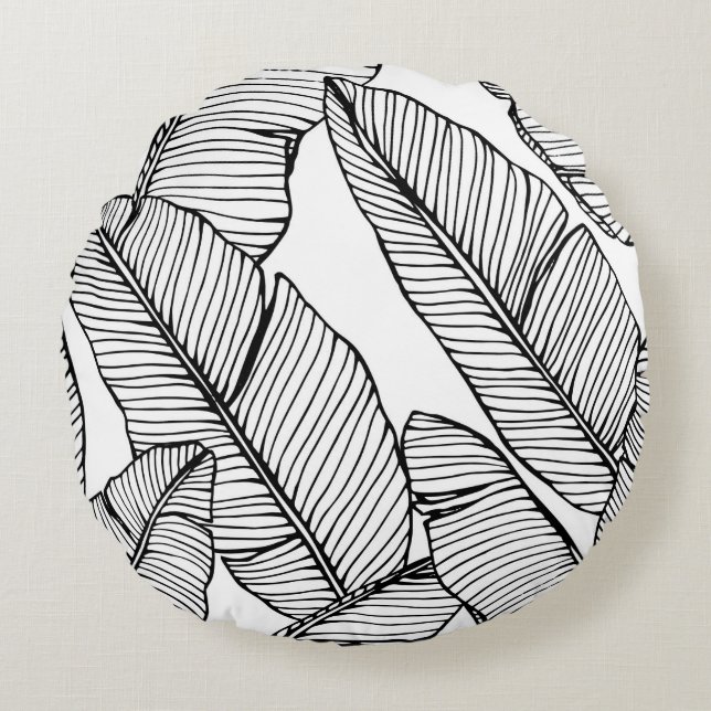 Naadloze bananenbladpatroon achtergrond. Zwart en Rond Kussen (Voorkant)