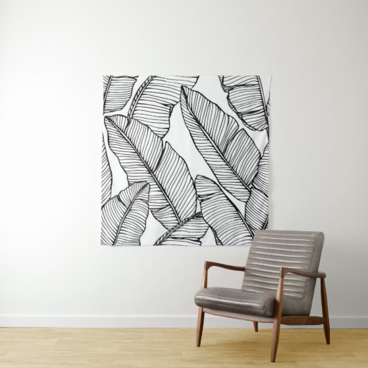 Naadloze bananenbladpatroon achtergrond. Zwart en Wandkleed (In situ)