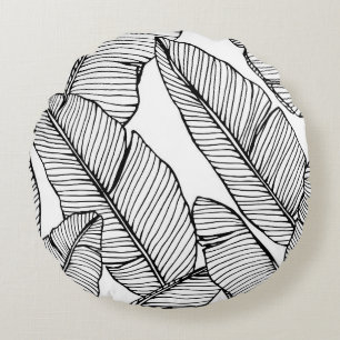 Naadloze bananenbladpatroonachtergrond. Zwart en Rond Kussen