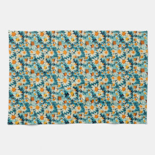 Naadloze blauwe, witte en gele Daisy Flower Theedoek