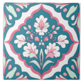 Naadloze Blauwgroen Mint Roze en Witte Bloemen Blo Tegeltje (Voorkant)