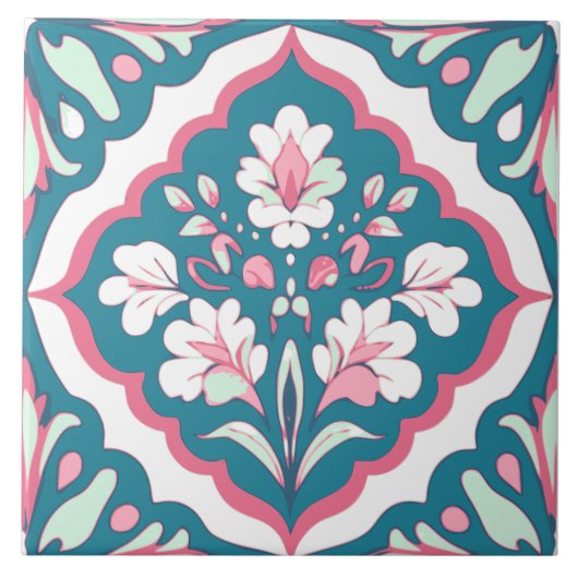 Naadloze Blauwgroen Mint Roze en Witte Bloemen Blo Tegeltje (Voorkant)