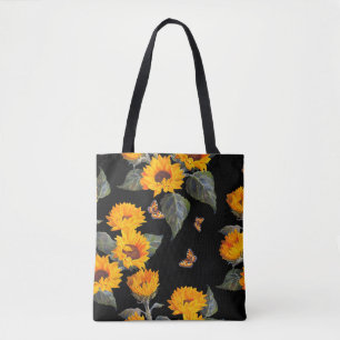 Naadloze bloem zonnebloemen op zwarte achtergrond tote bag