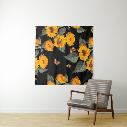 Naadloze bloem zonnebloemen op zwarte achtergrond wandkleed (In Situ (horizontaal))