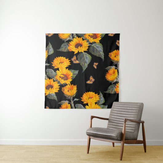 Naadloze bloem zonnebloemen op zwarte achtergrond wandkleed (In situ)