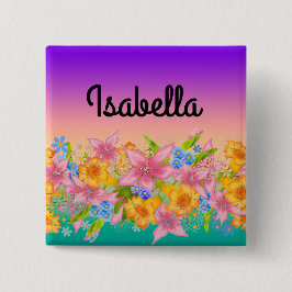 Naadloze bloembloemen roze geel sinaasappel vierkante button 5,1 cm